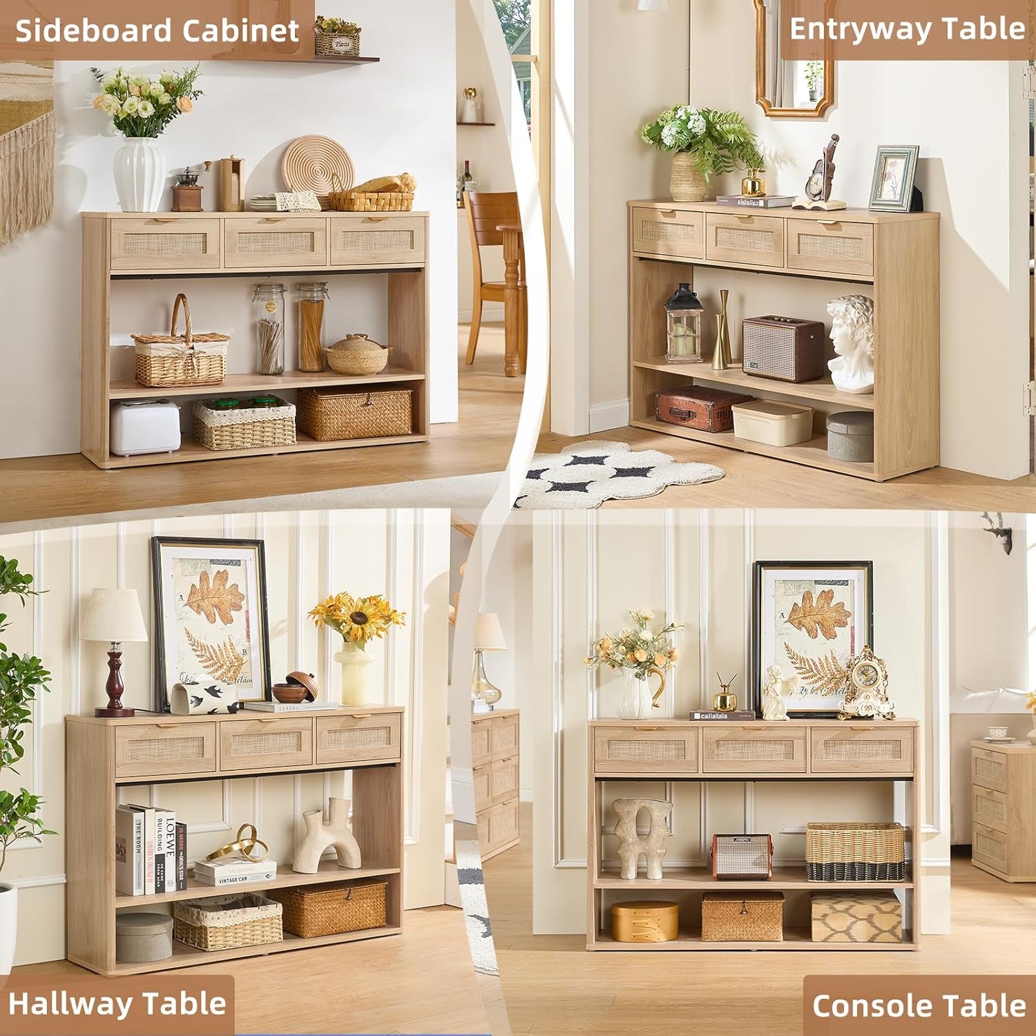 48" Boho Rattan Console Table with 3 Drawers, 3 Tier Wooden Entryway Table with Open Storage Shelf, Narrow Long behind Couch Sofa Tables for Living Room, Hallway, Entrance, Natural Wood