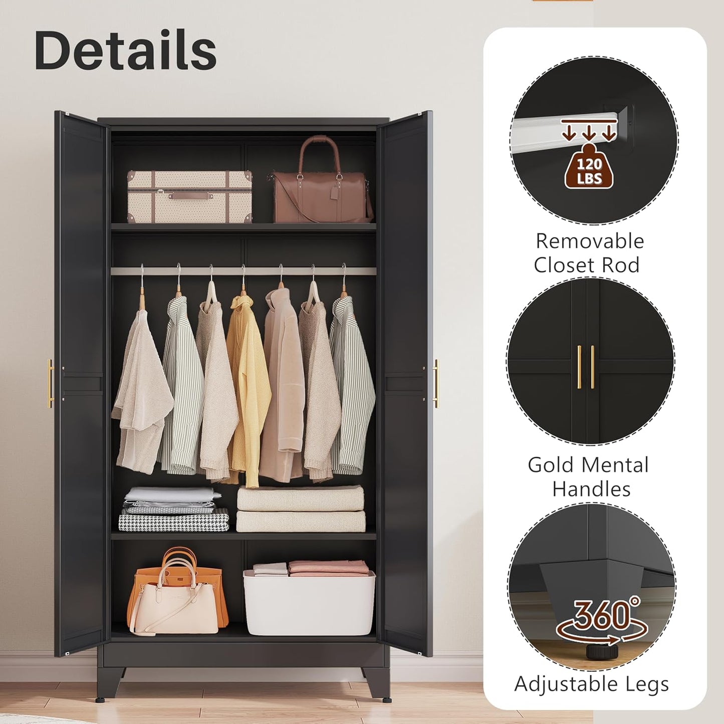 Metal Armoire Wardrobe Closet with 2 Mirror Doors, 71"' Wardrobe Cabinet with Adjustable Shelves and Hanging Rod, Clothing Storage Cabinet Closet with Mirror for Bedroom-Black