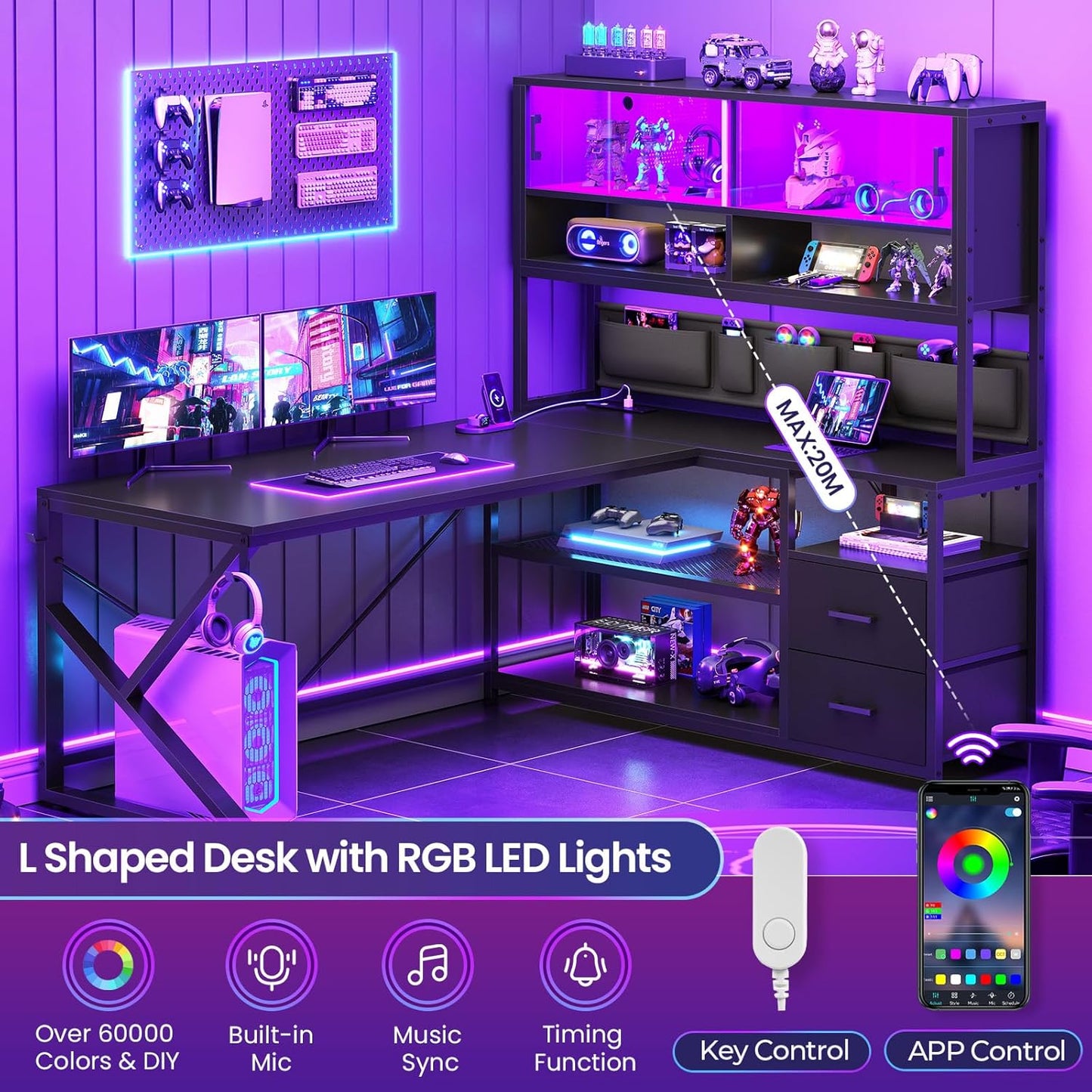 L Shaped Gaming Desk, Home Office Computer Desk with 2 Drawer and Bookshelf, L Shaped Gaming Desk with LED Light, Glass Cabinet and Storage Bag, Corner Desk with Storage Shelves, Black