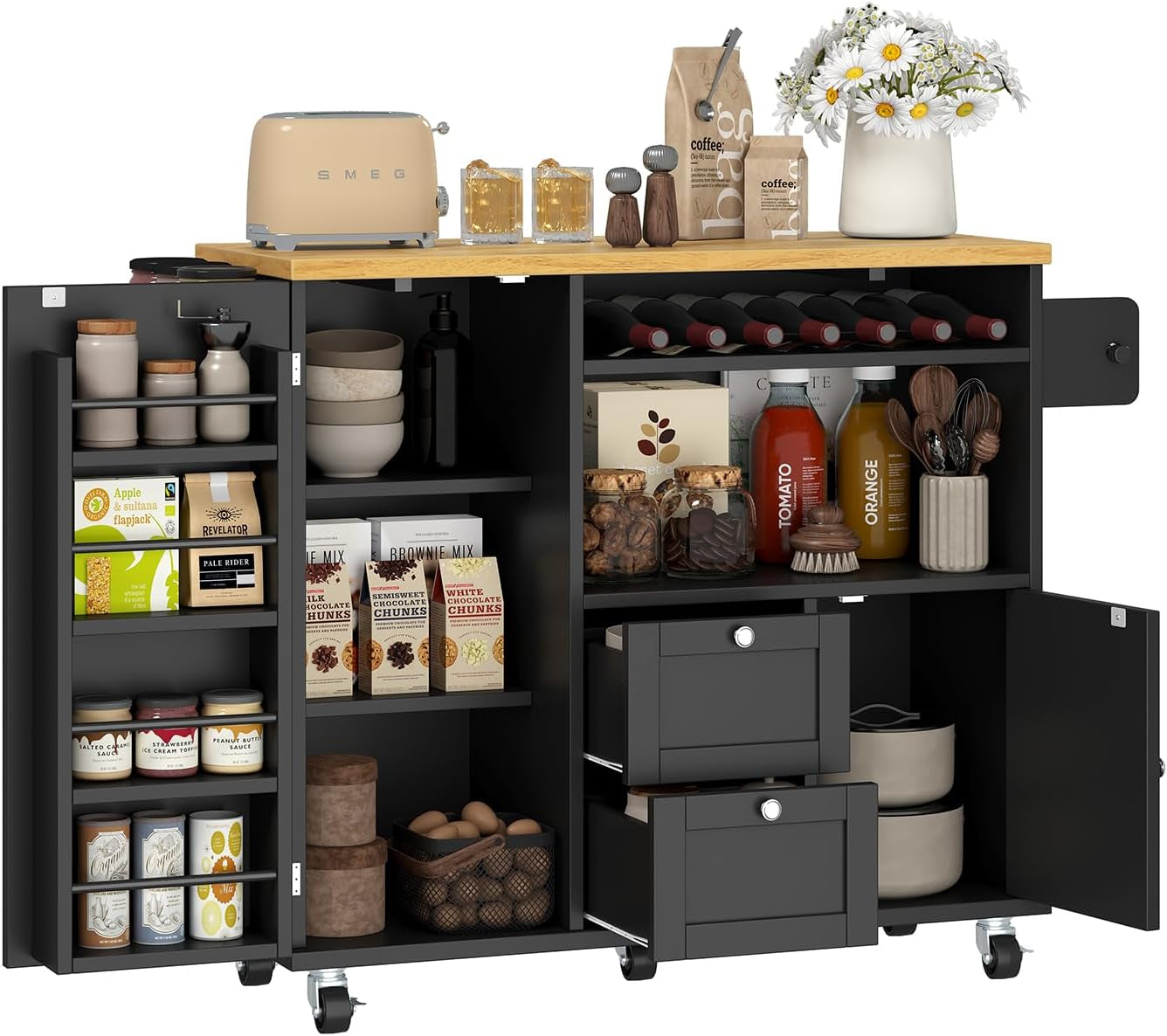 Rolling Kitchen Island with Storage Cabinet, 41.3'' Width Kitchen Cart with Desktop Drop Leaf Countertop, Portable Mobile Kitchen Island with Towel Rack, Spice Rack Shelf and Lockable Wheels, Black