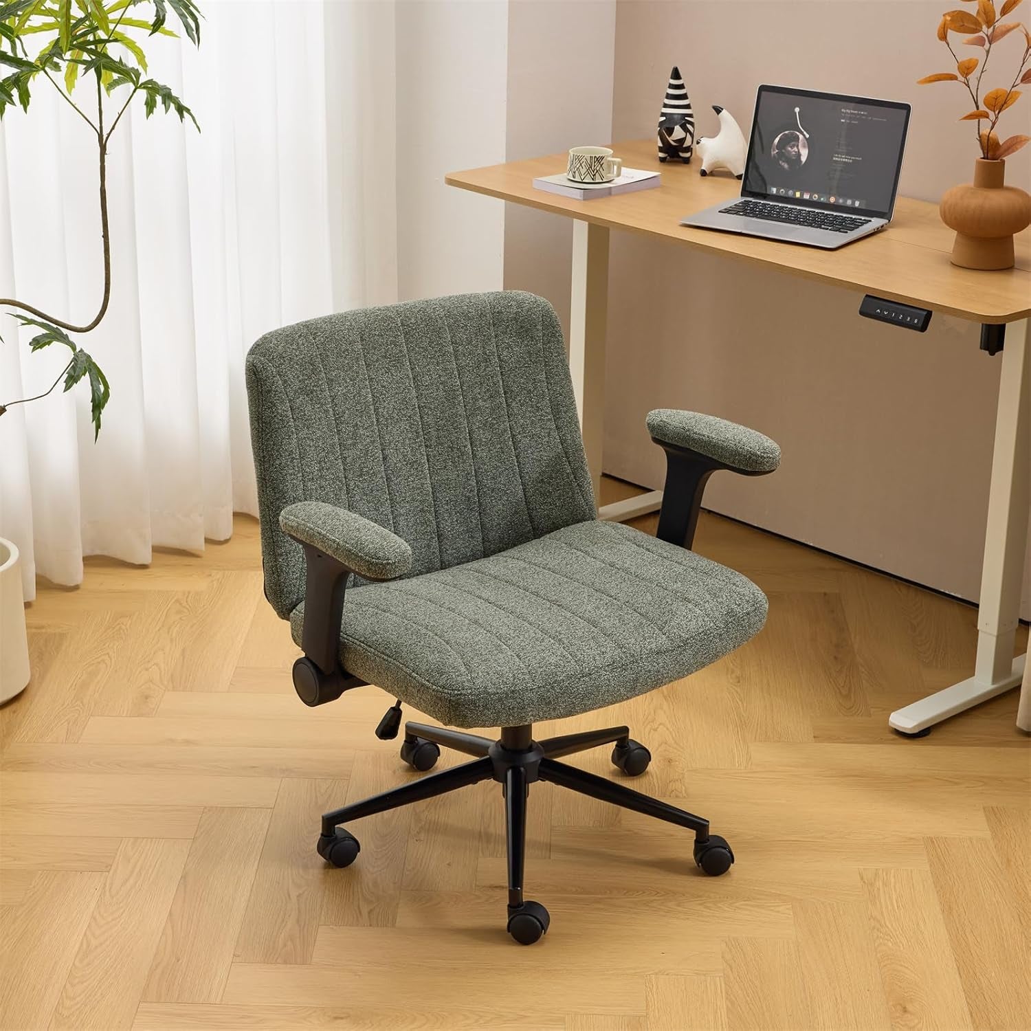 Criss Cross Chair with Adjustable Flip-Up Arms,Cross Legged Chair with Wheels, Extra Wide Office Chair,Cozy Desk Chair for Home Office, Vanity, Apartment,Chenille Velvet,Dark Green