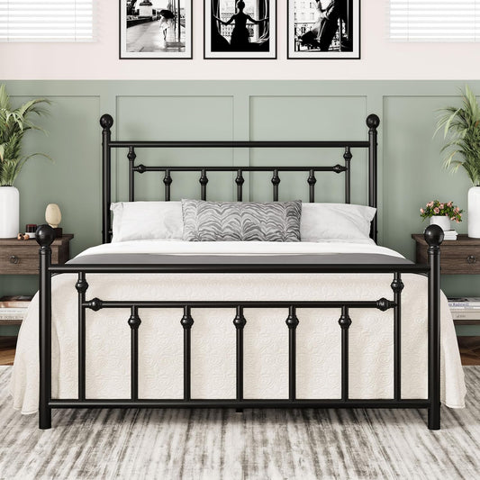 14 Inch Queen Size Metal Platform Bed Frame with Victorian Vintage Headboard and Footboard/Mattress Foundation/Under Bed Storage/No Box Spring Needed/Easy Assembly/Noise Free/Black