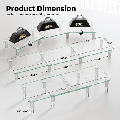 Dual Monitor Stand -Adjustable Length and Angle Dual Monitor Riser, Desktop Organizer for PC, Computer, Laptop (Clear)