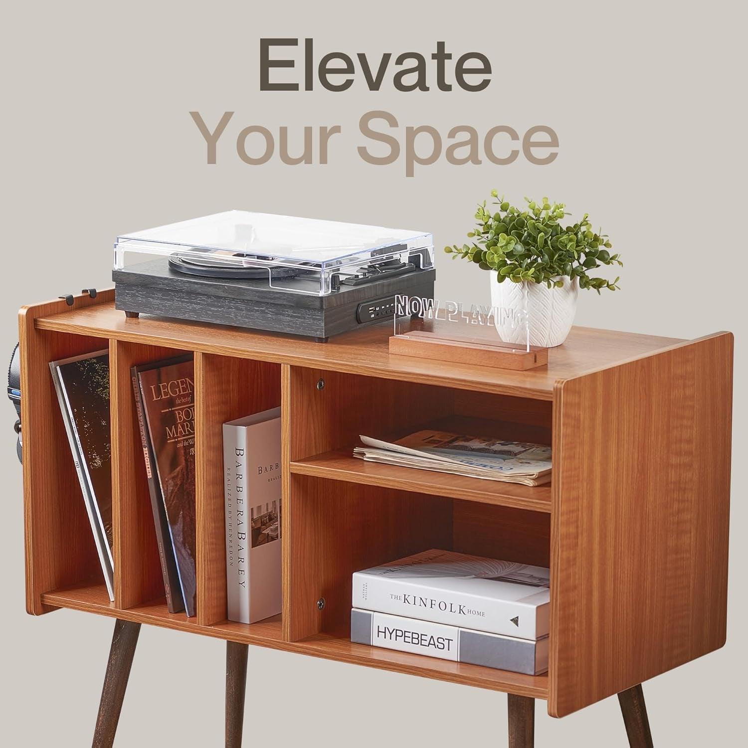 Record Player Stand with Vinyl Storage – Turntable Table with Shelves and Backboard – Walnut Wood Frame Vinyl Record Storage with Headphone Hook – Compact Audio Stand with Stabilizers