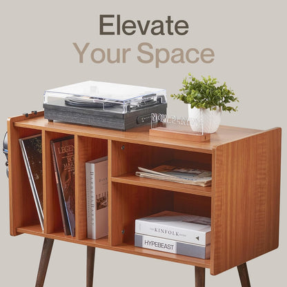 Record Player Stand with Vinyl Storage – Turntable Table with Shelves and Backboard – Walnut Wood Frame Vinyl Record Storage with Headphone Hook – Compact Audio Stand with Stabilizers