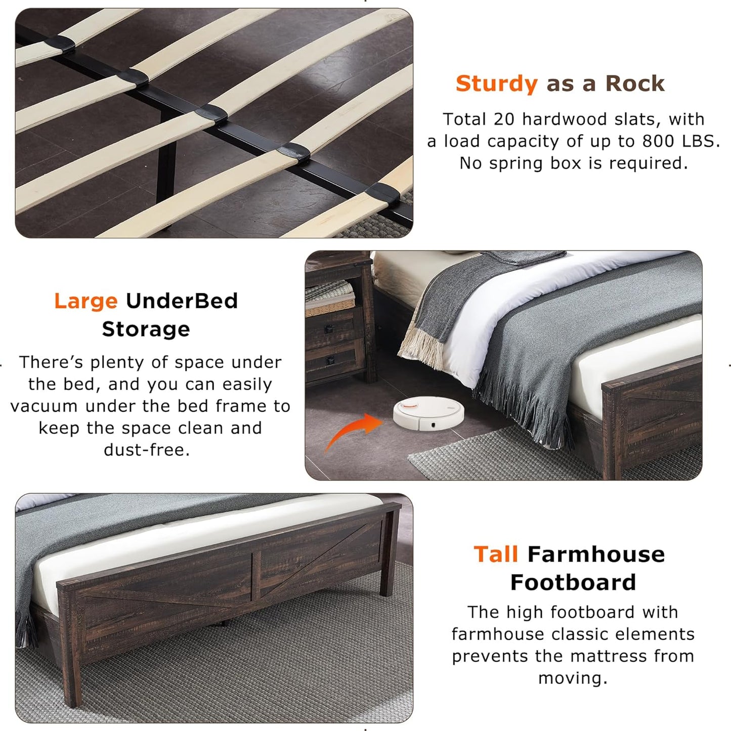 Farmhouse Queen Size Bed Frame W/Storage Bookcase Headboard, Sliding Barn Door, Charging Station, Rustic Wood Platform Bed W/Wood Slats Support, No Box Spring Needed, Dark Rustic Oak