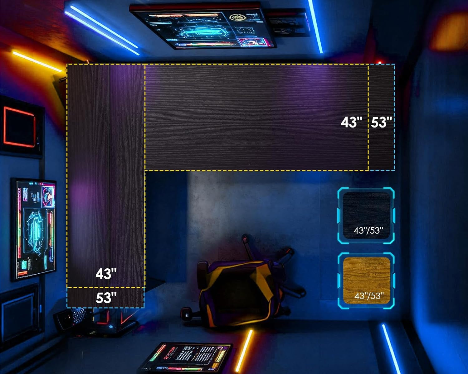 Gaming Desk with Power Outlets & LED Lights, 43 Inch Reversible L Shaped Computer Desk with Shelves & Storage Bag, Corner Desk for Home Office, Black