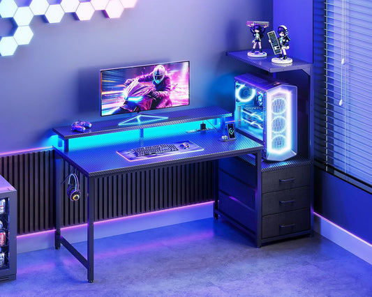 52 Inch Gaming Desk with USB Charging Ports & LED Light - Reversible Computer Desk with 3 Fabric Drawers, Monitor Stand, CPU Stand, and Side Hook, Modern Office Desk, Black