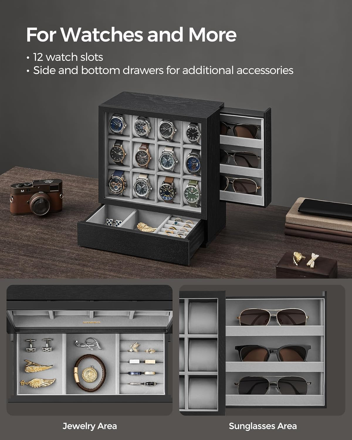 12-Slot Watch Box, Watch Display Case with Window, Solid Wood Veneer, Velvet Lining, Vertical Storage, Space Saving, Gift Idea, Ebony Black UJOW014B01