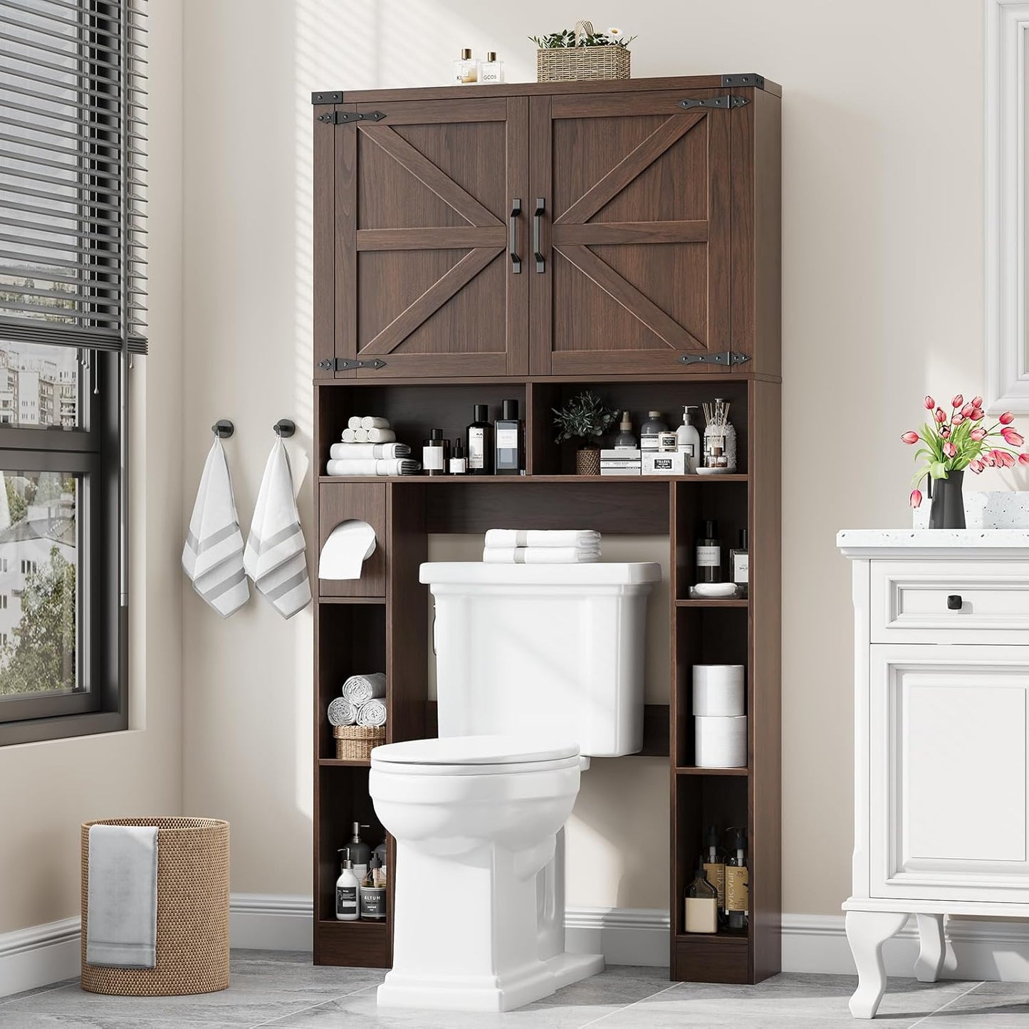 Over the Toilet Storage Cabinet, Farmhouse Storage Cabinet over Toilet with 2 Barn Doors ，Toilet Paper Holder Stand，Home Space-Saving Toilet Rack, for Laundry, Restroom, Bathroom.Espresso