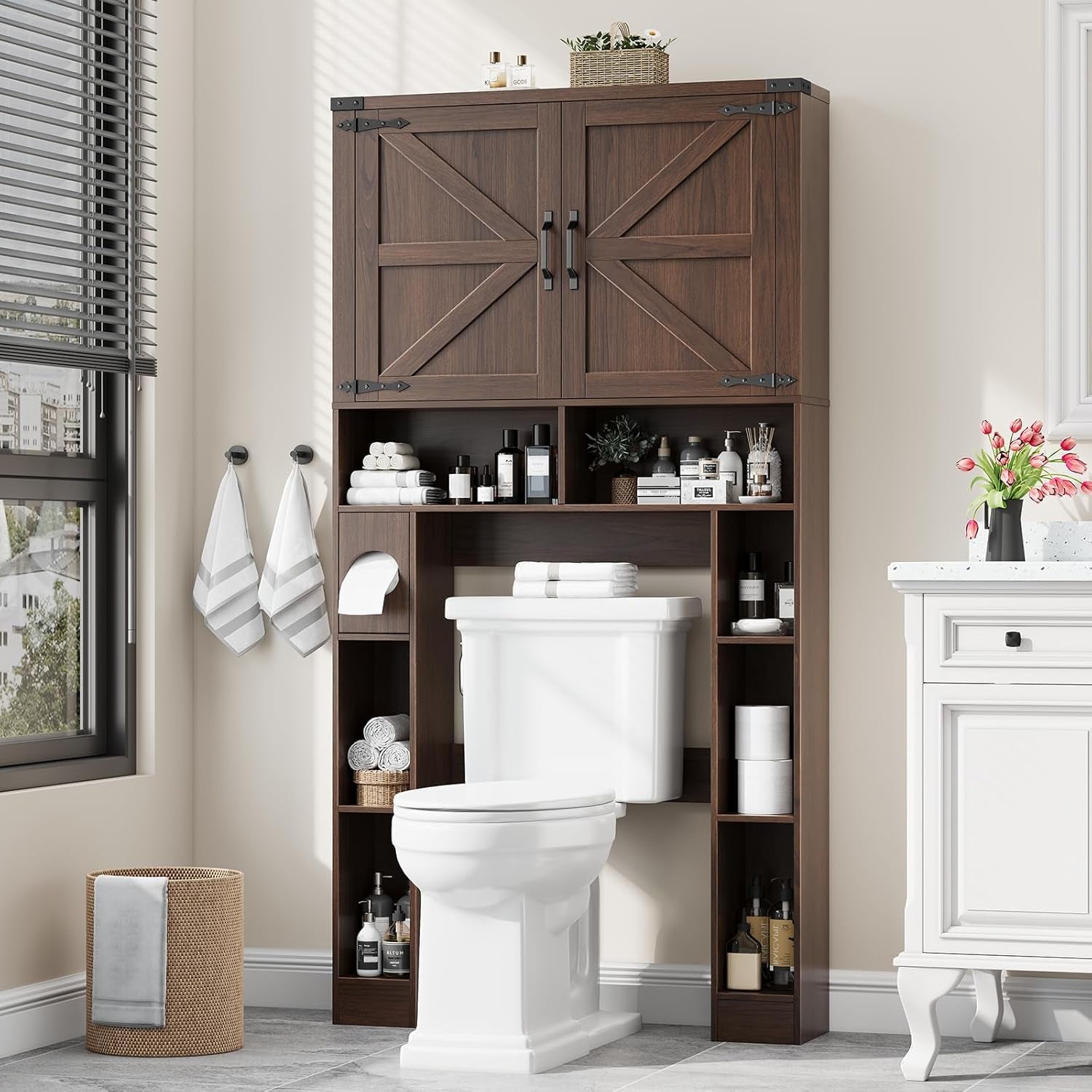 Over the Toilet Storage Cabinet, Farmhouse Storage Cabinet over Toilet with 2 Barn Doors ，Toilet Paper Holder Stand，Home Space-Saving Toilet Rack, for Laundry, Restroom, Bathroom.Espresso