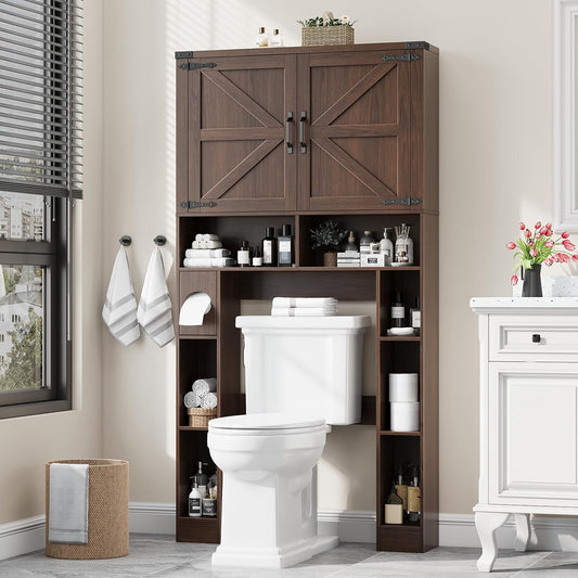 Over the Toilet Storage Cabinet, Farmhouse Storage Cabinet over Toilet with 2 Barn Doors ，Toilet Paper Holder Stand，Home Space-Saving Toilet Rack, for Laundry, Restroom, Bathroom.Espresso