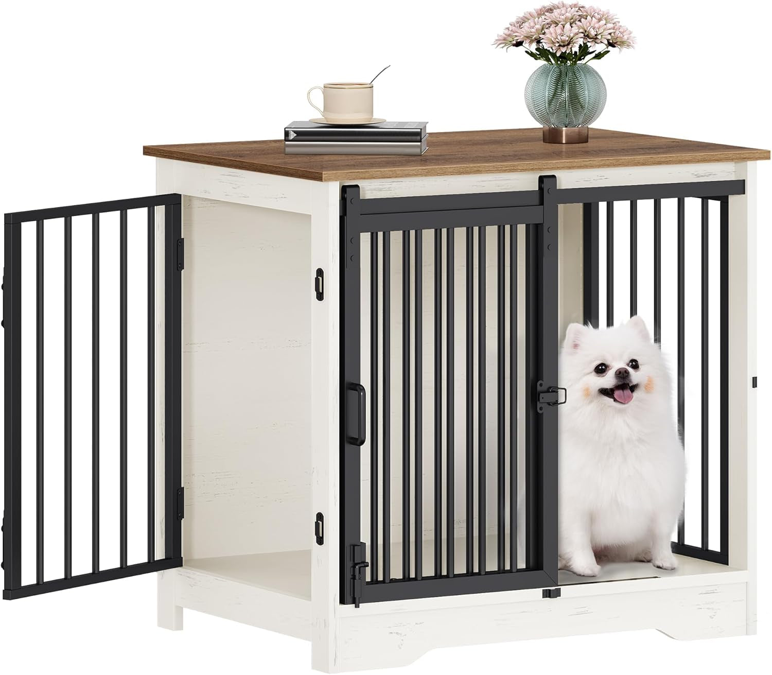 27.2" Dog Crate Furniture with Barn Door, Heavy Duty Dog Kennel Indoor with 2 Doors, Wooden Pet Cage End Table for Small Medium Dogs up to 22 Lb, Anti-Chew Anti-Escape, White Brown DFC84314B