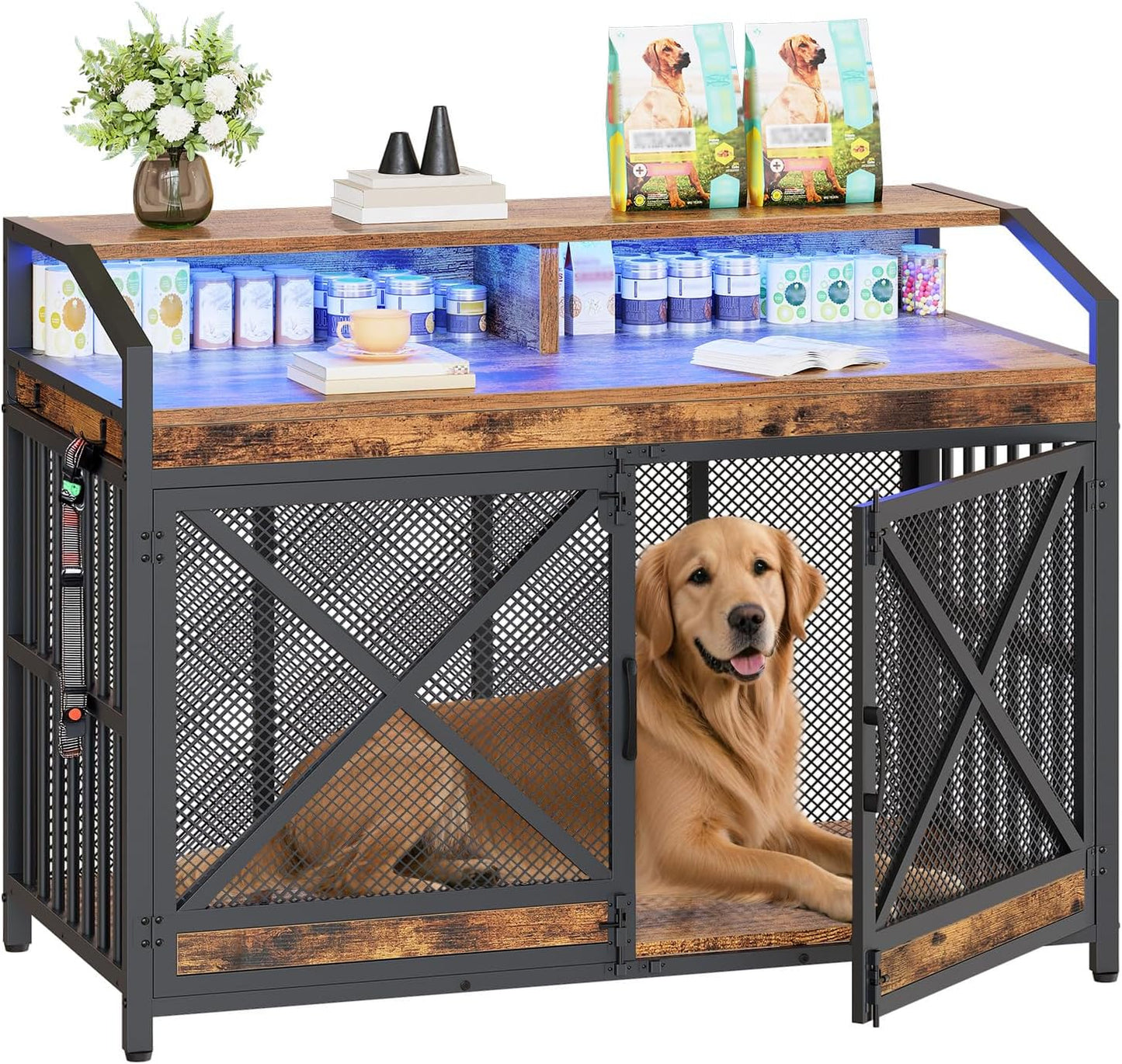43.3" Dog Crate Furniture, Heavy Duty Dog Kennel Indoor with Storage Shelves, Wooden Dog Cage with LED Lights, for XL Large Dogs Breed, Rustic Brown and Black BF89DGW03