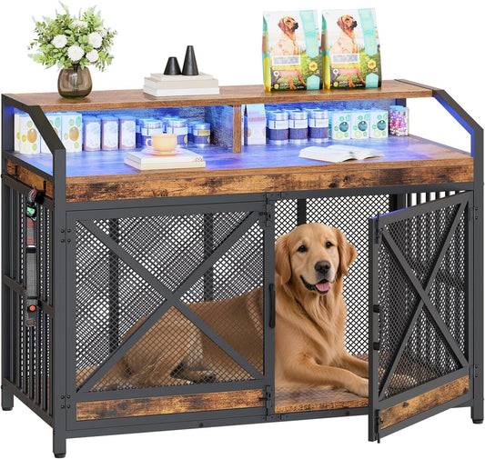43.3" Dog Crate Furniture, Heavy Duty Dog Kennel Indoor with Storage Shelves, Wooden Dog Cage with LED Lights, for XL Large Dogs Breed, Rustic Brown and Black BF89DGW03