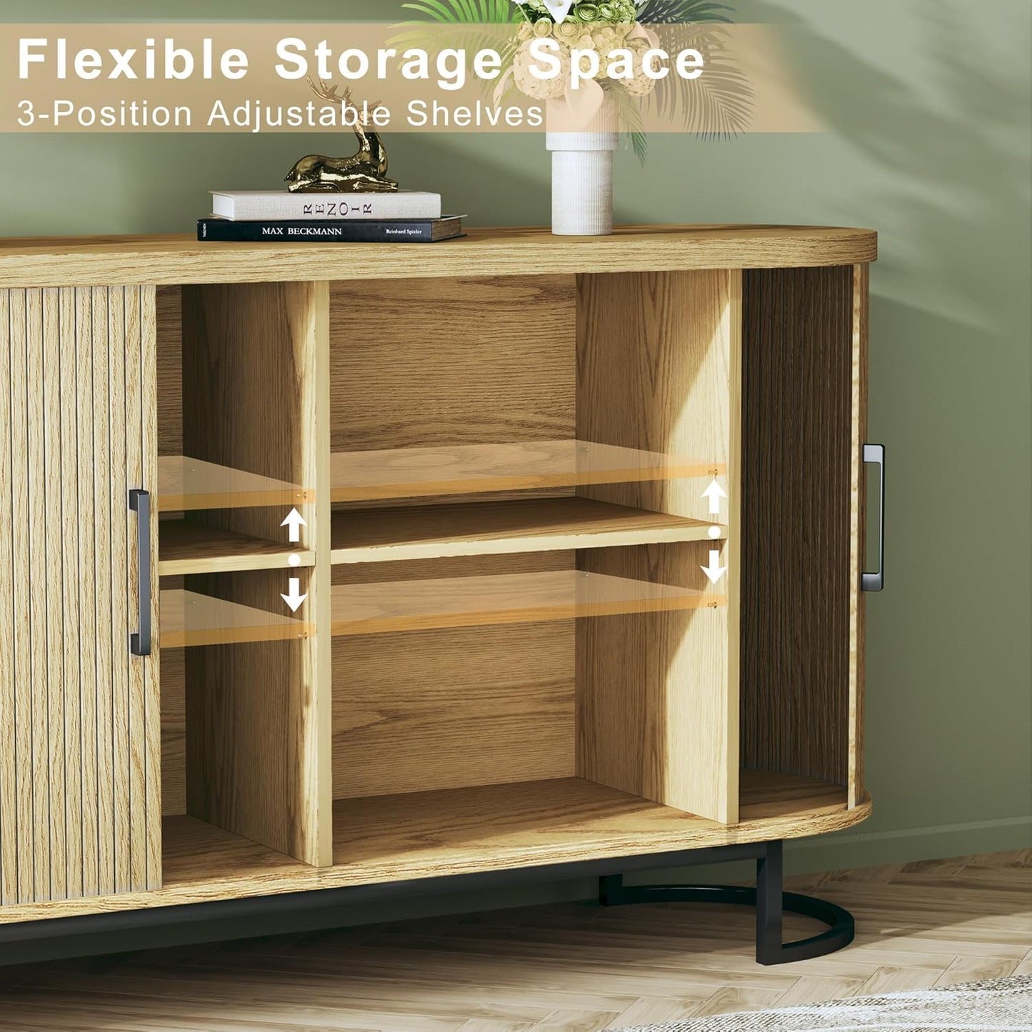 Sideboard Buffet Cabinet with Storage, 54.3" Fluted Tambour, Adjustable Shelves, Mid Century Modern Console for Living Room Kitchen