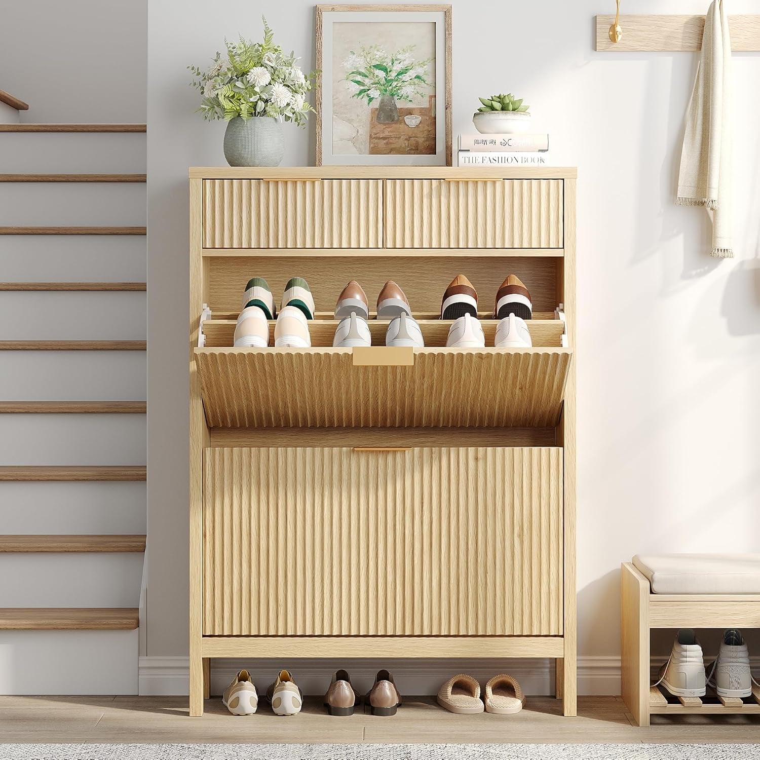 Fluted Shoe Storage Cabinet with 2 Flip Drawers & 2 Storage Drawers, Narrow Hidden Shoe Rack Organizer with Adjustable Shelf, Freestanding Slim Shoe Cabinet Storage for Entryway, Hallway, Foyer, Oak