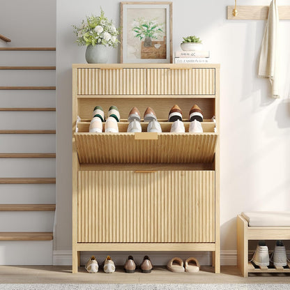 Fluted Shoe Storage Cabinet with 2 Flip Drawers & 2 Storage Drawers, Narrow Hidden Shoe Rack Organizer with Adjustable Shelf, Freestanding Slim Shoe Cabinet Storage for Entryway, Hallway, Foyer, Oak