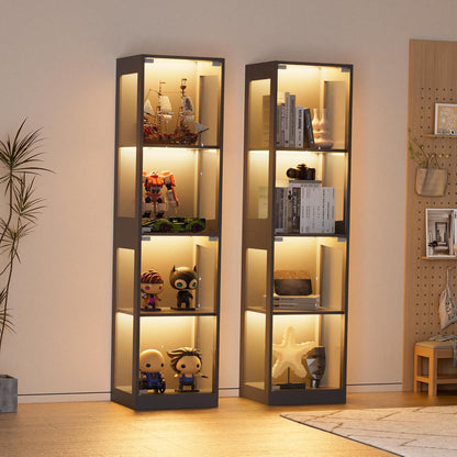 Glass Display Cabinet, 4-Tier Display Cases for Collectibles, Curio Cabinet with RGB Lights, Glass Bookcase Shelf Display Kids Toy Cabinets for Collectible, Living Room, Playroom (Black)