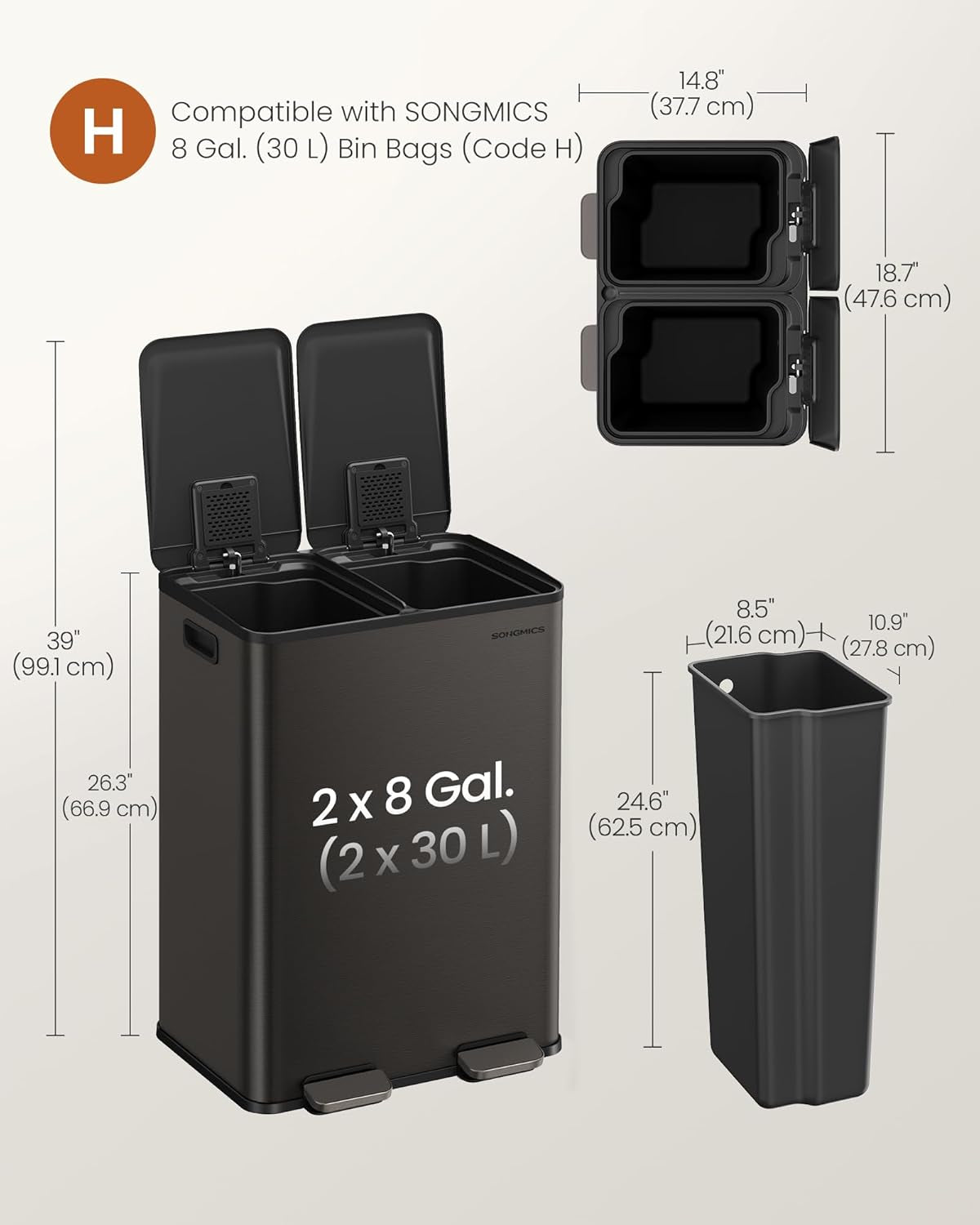 Trash Can, 2 X 8 Gallon (2 X 30 L) Dual-Compartment Garbage Can with Soft-Close Lid, Pedal and Inner Buckets, Stainless Steel, Includes 15 Liner Bags, Slate Gray ULTB741G01