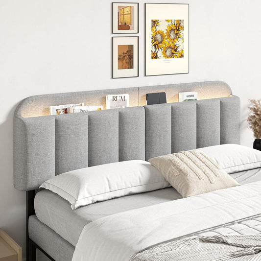 Adjustable Headboard for King/California King Size Bed Frame, Linen Fabric Bed Headboard with Storage & RGB LED Light in Modern Vertical Channel Design, Light Grey