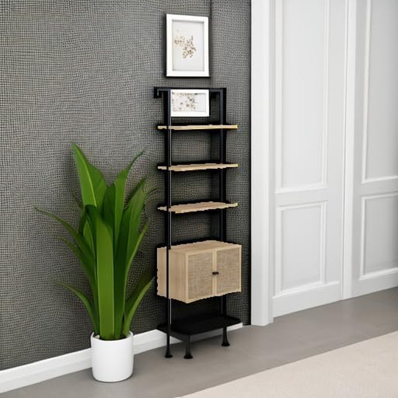 Theo Ladder 3 Tier Open Bookshelf with Rattan Drawers and Matte Steel Frame, Light Oak/Black