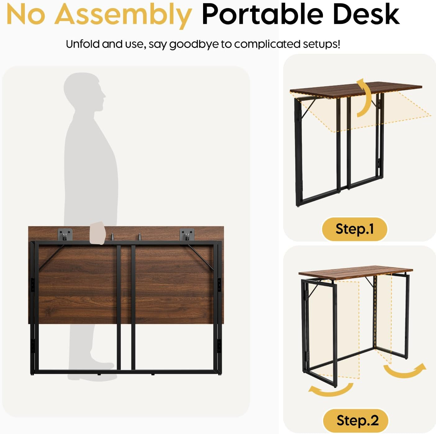 Folding Desk - 31.5" Wood Top Foldable Desk for Small Spaces | No Assembly Required Compact Desk for Home Office, Writing, and Study