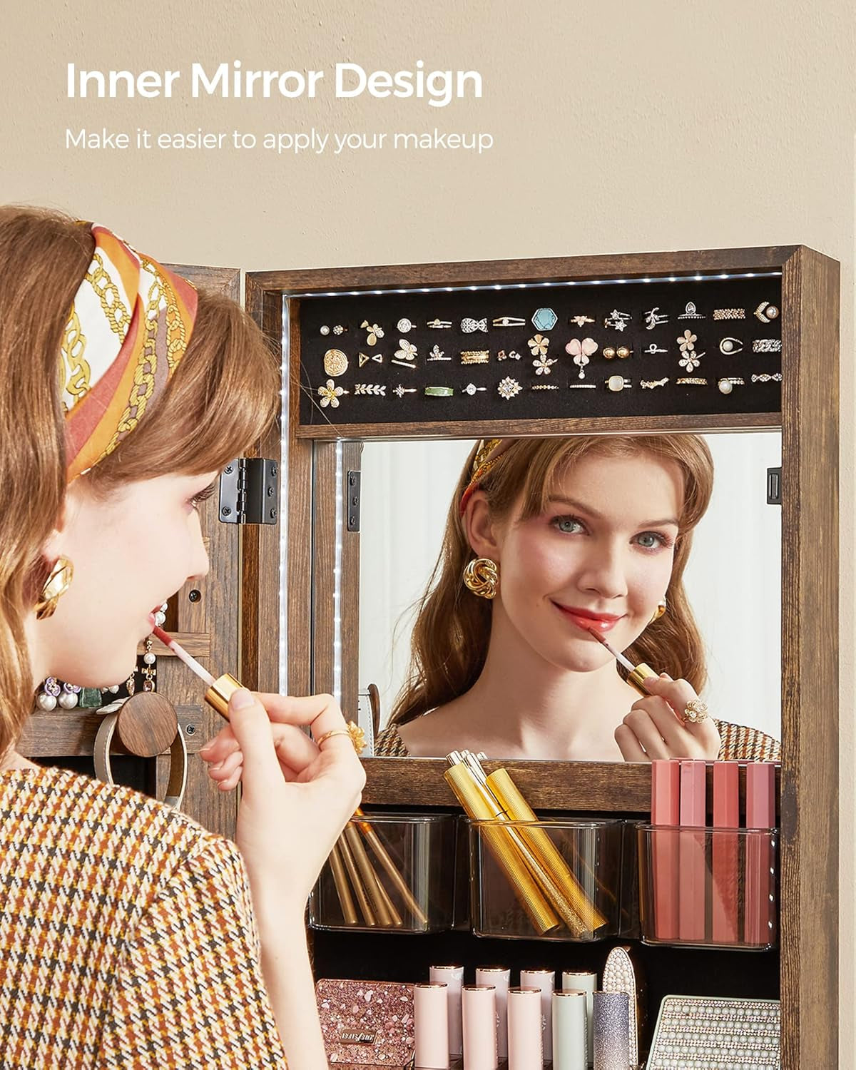 Mirror Jewelry Cabinet Armoire Organizer, Wall or Door Mount Storage Cabinet with Full-Length Frameless Lighted Mirror, Built-In Makeup Mirror, 2 Drawers, Lockable, Rustic Brown UJJC013X01