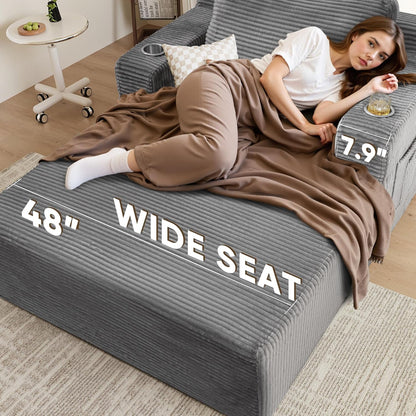 Oversized Chaise Lounge Chair, Cloud Couch with Fluffy Upholstered, Deep Seat Sleeper Sofa Bed with Two Cup Holders, Comfy Boneless Couch No Assembly Required for Living Room, Apartment (Grey)