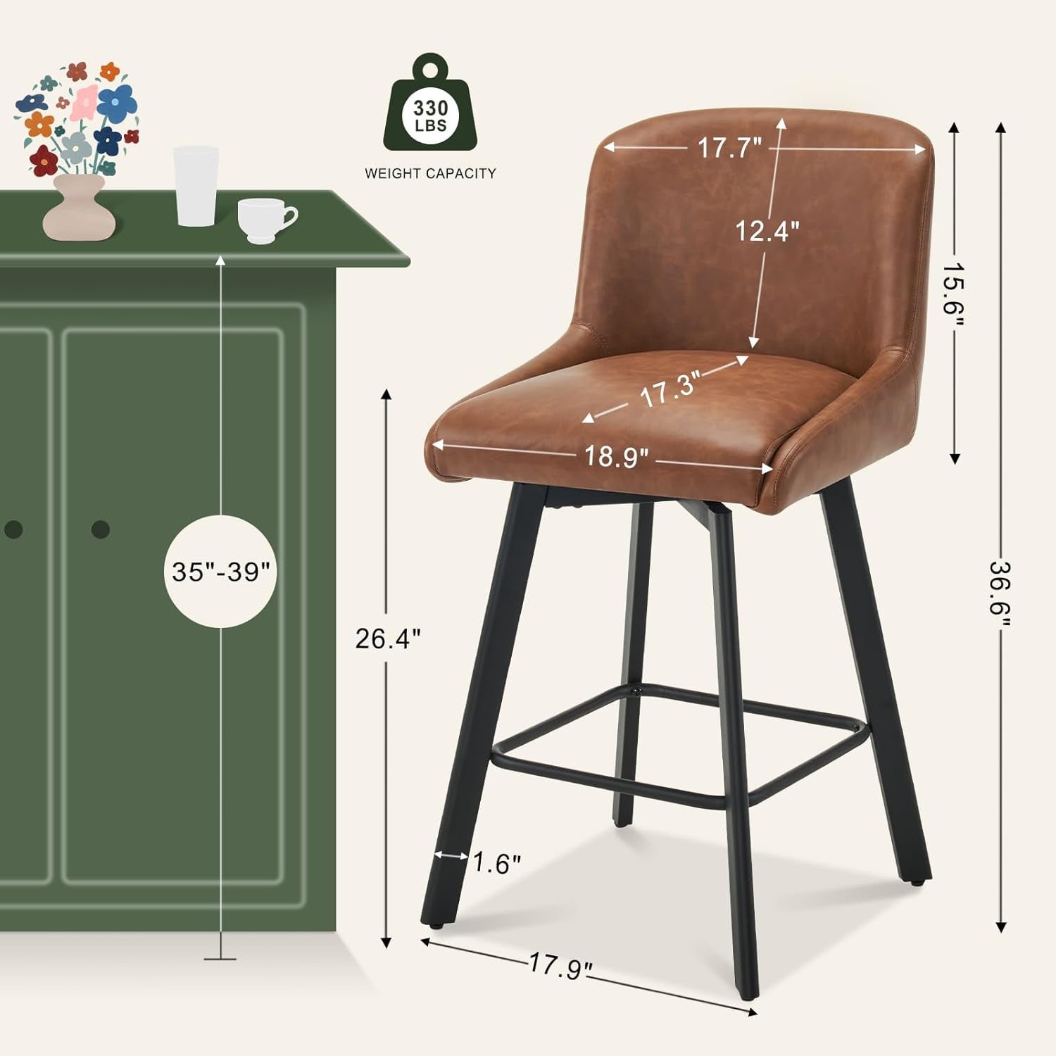 Swivel Bar Stools Set of 3, 26''H Upholstered Barstools with Backs, Modern Counter Height Bar Stool Chairs for Kitchen Island, Metal Legs, Faux Leather, Brown Counter Stools
