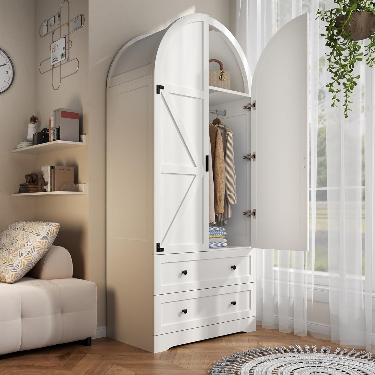74.8" White Armoire Wardrobe Closet with 2 Drawers and 2 Doors, Tall Bedroom Freestanding Armoire Storage Cabinet with Shelves, Wood Large Wardrobe Combination for Hanging Clothes (White)