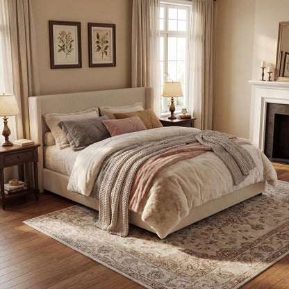 King Size Bed Frame with Storage Drawers, Corduroy Upholstered Platform Bedframe with Wingback, Headboard and Footboard, No Box Spring Needed, Beige