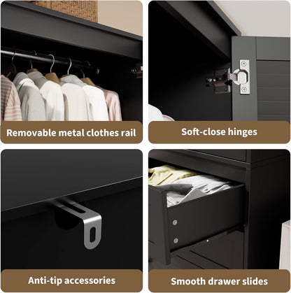Armoire Wardrobe Closet with Drawers, 69.5 in Wooden Wardrobe Cabinet with Hanging Rod, 2 Doors Clothing Storage Cabinet for Bedroom, Large Capacity Storage, Louvered Door, Black