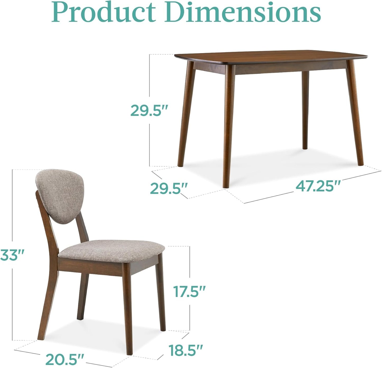 5-Piece Dining Set, Compact Mid-Century Modern Table & Chair Set for Home, Apartment W/ 4 Chairs, Padded Seats & Backrests, Wooden Frame - Walnut/Light Gray