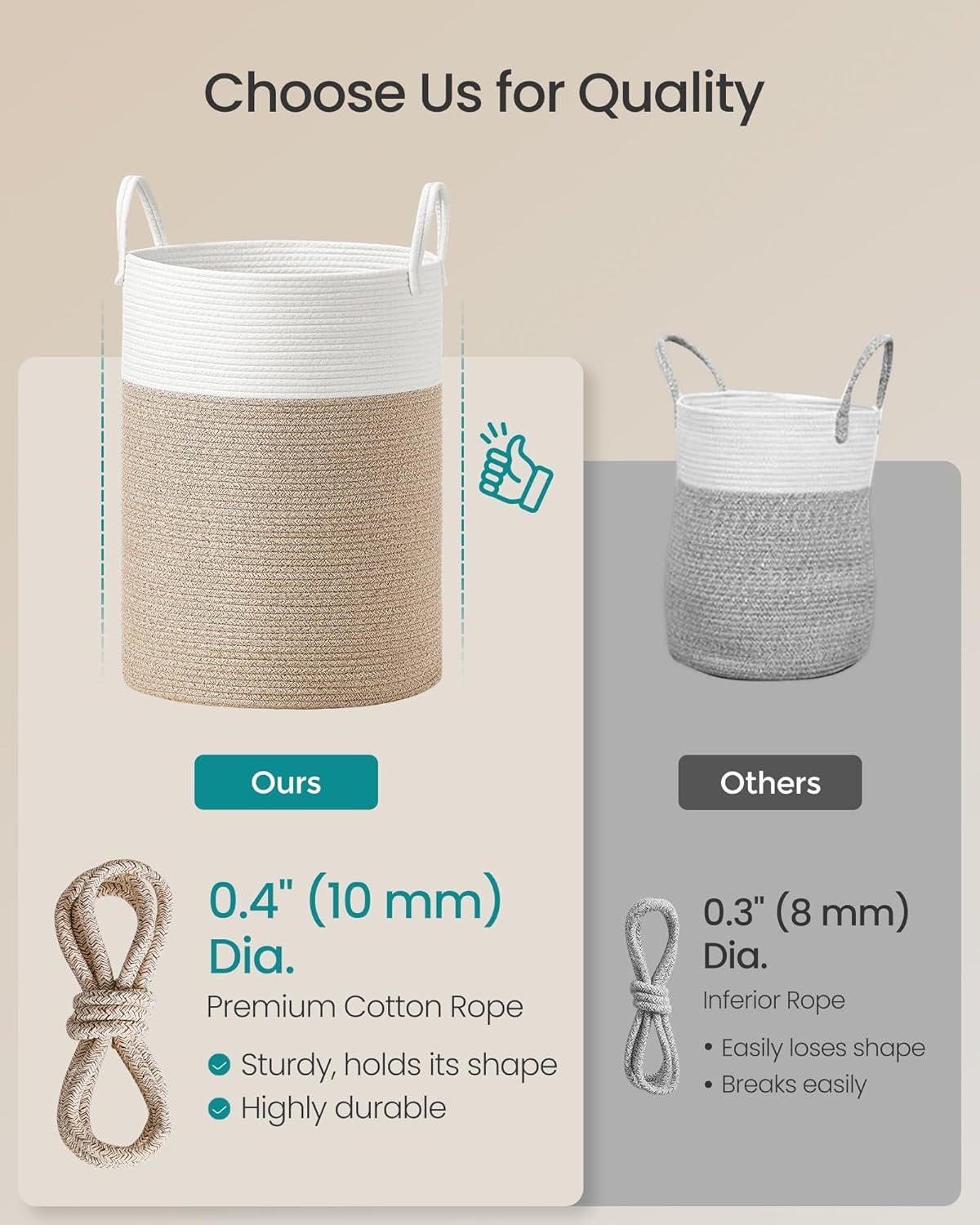 Laundry Hamper, Cotton Rope Laundry Basket with Handles, for Children, Toys, Clothing, Living Room, Bedroom, 21.1 Gallons, 15.7 X 15.7 X 23.6 Inches, White and Grayish Brown URLH062LZ01