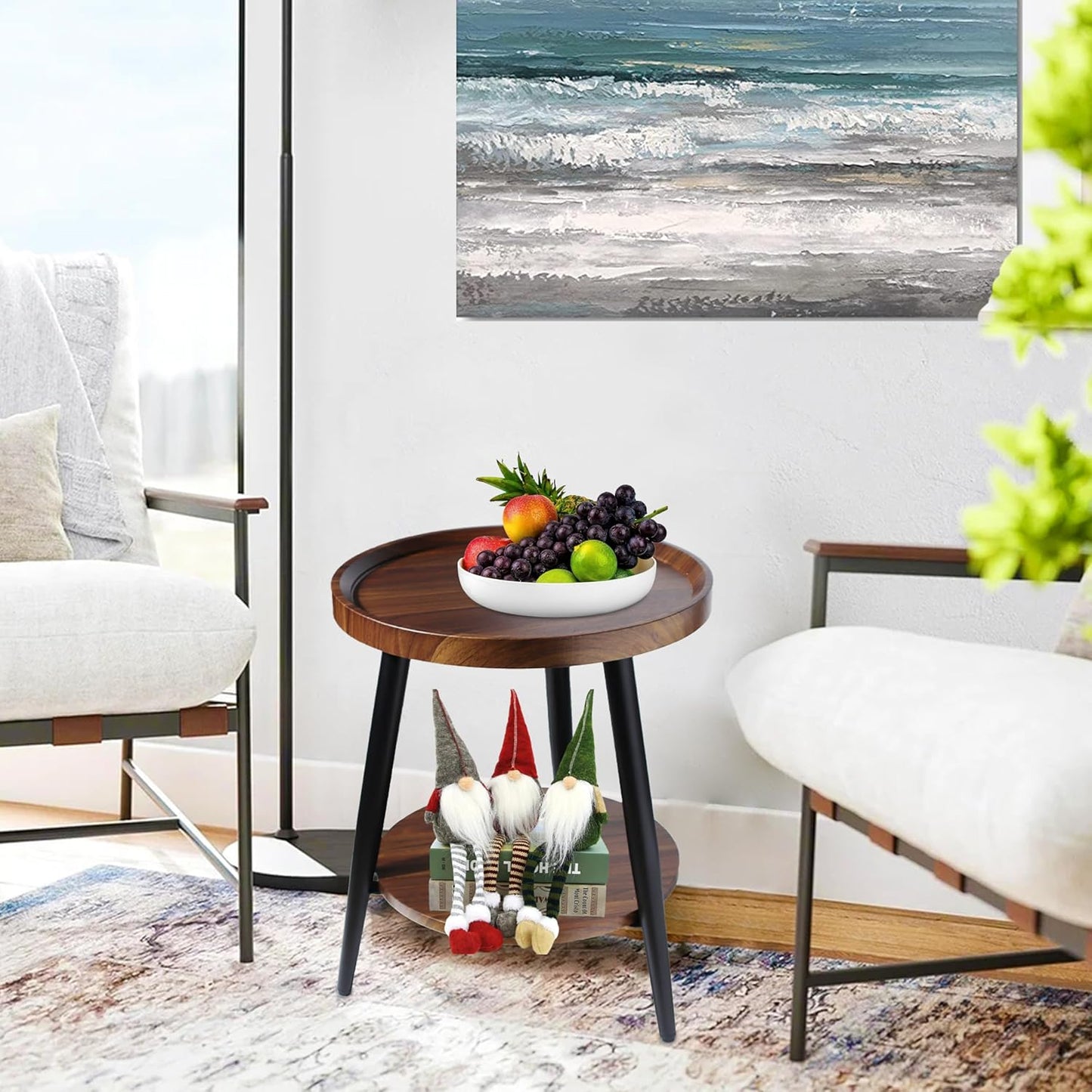 Small round Side Table, 2-Tier Mid Century Modern Side Table, round End Table Small End Table for Living Room, Metal Frames, Brown