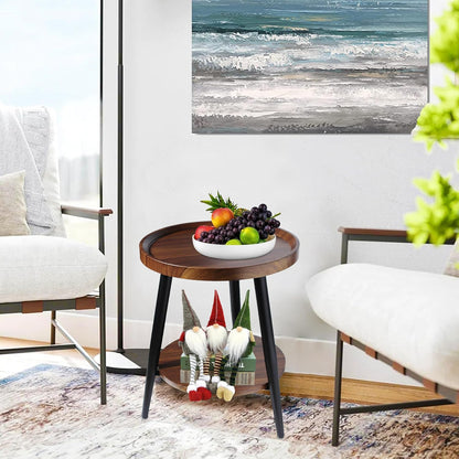 Small round Side Table, 2-Tier Mid Century Modern Side Table, round End Table Small End Table for Living Room, Metal Frames, Brown