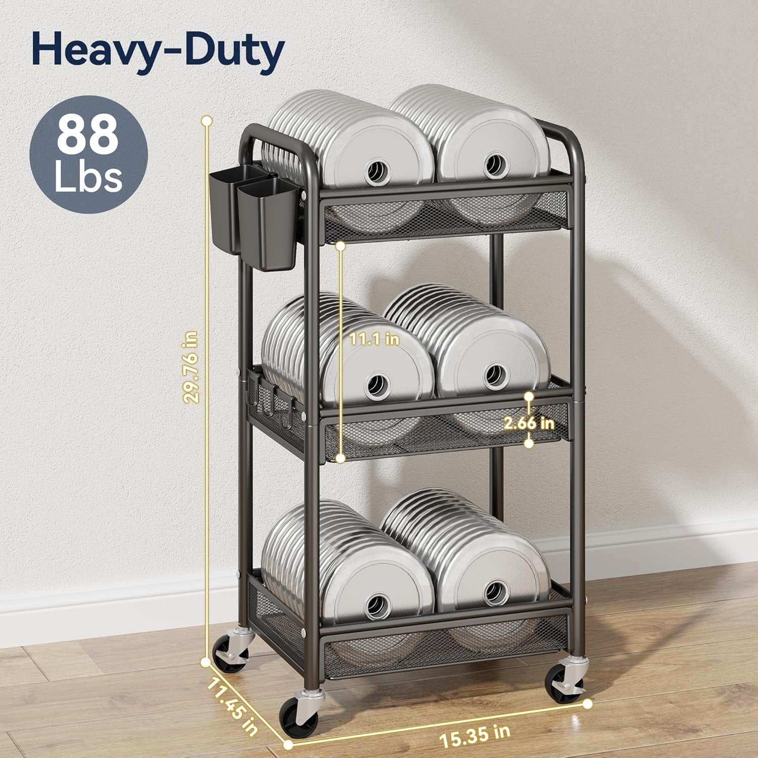 3 Tier Rolling Cart – Metal Utility Storage Carts with Wheels, Craft Cart Organizer with Hanging Cups, Hooks, Mesh Basket for Bedside Kitchen Office Art, Black