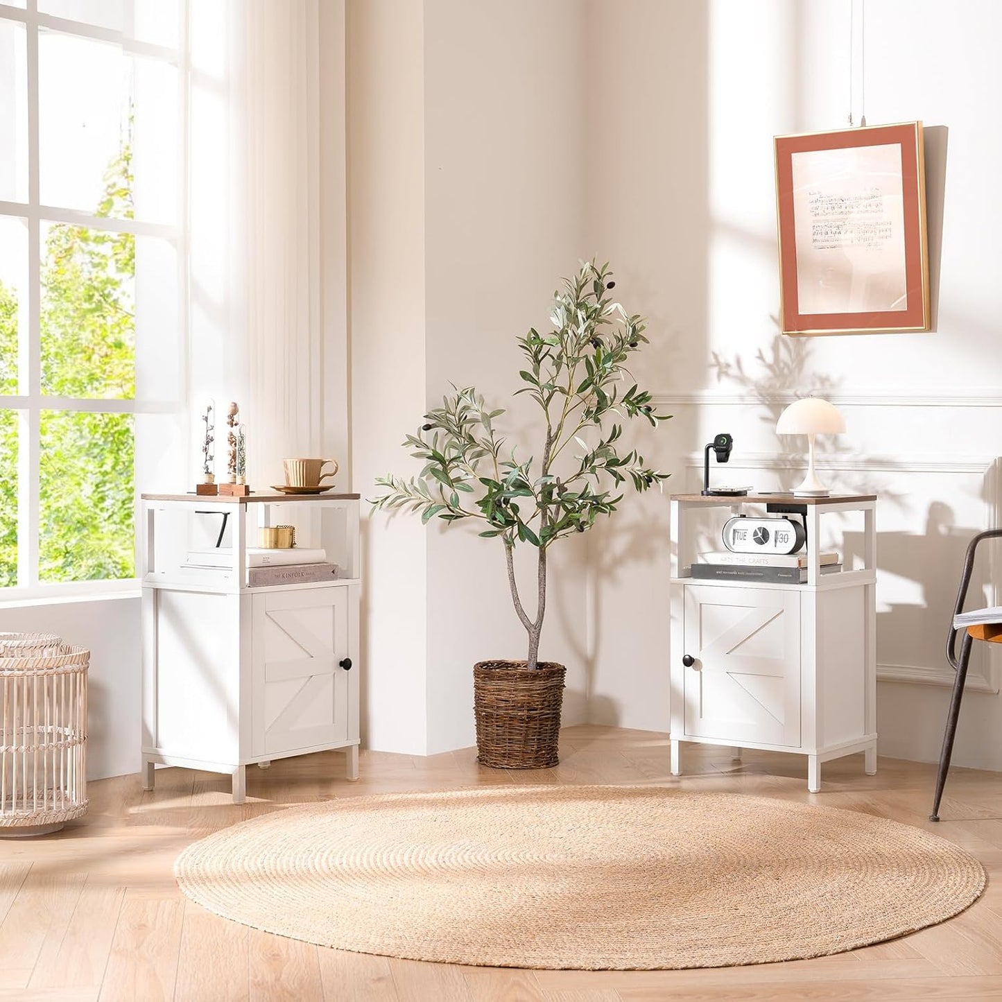 Farmhouse Nightstand with Charging Station, Wood Night Stand End with USB Ports, LED Bed Side Table with Storage Cabinet, Bedside Table for Bedroom, Living Room White