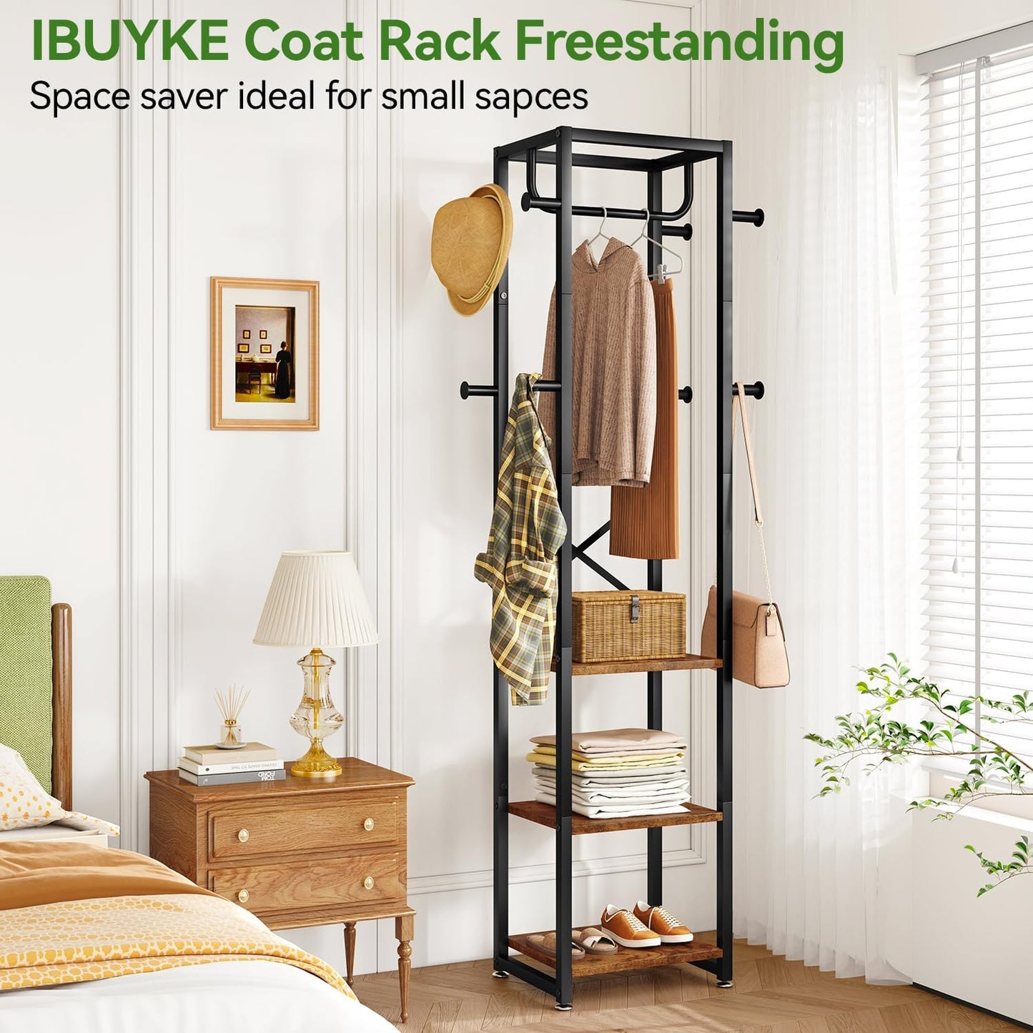 Coat Rack with Shelves, Freestanding Hall Tree with 3 Shelves and 8 Hooks, Industrial Clothes Stand for Entryway, Hallway, Bedroom, Rustic Brown UTMJ088H