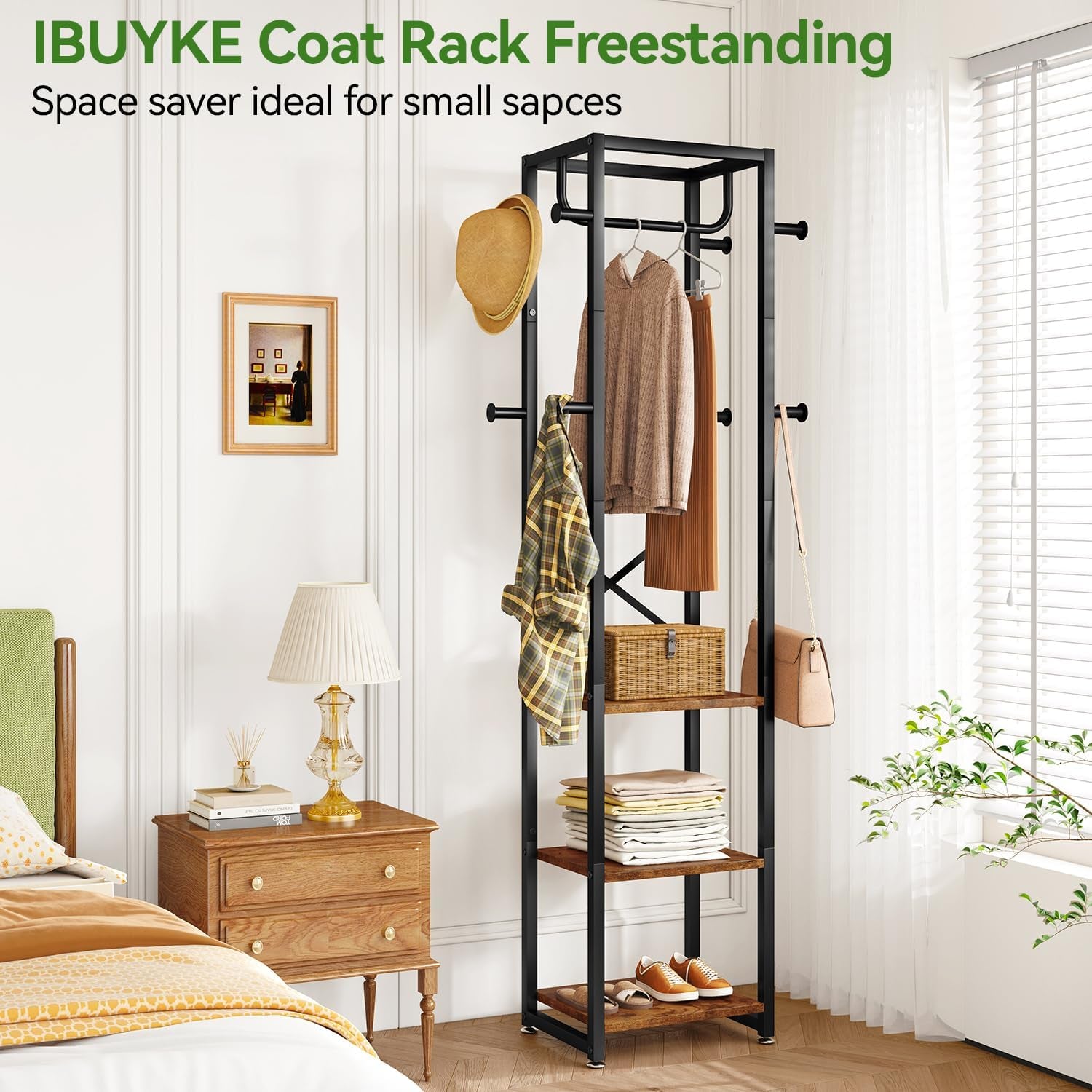 Coat Rack with Shelves, Freestanding Hall Tree with 3 Shelves and 8 Hooks, Industrial Clothes Stand for Entryway, Hallway, Bedroom, Rustic Brown UTMJ088H