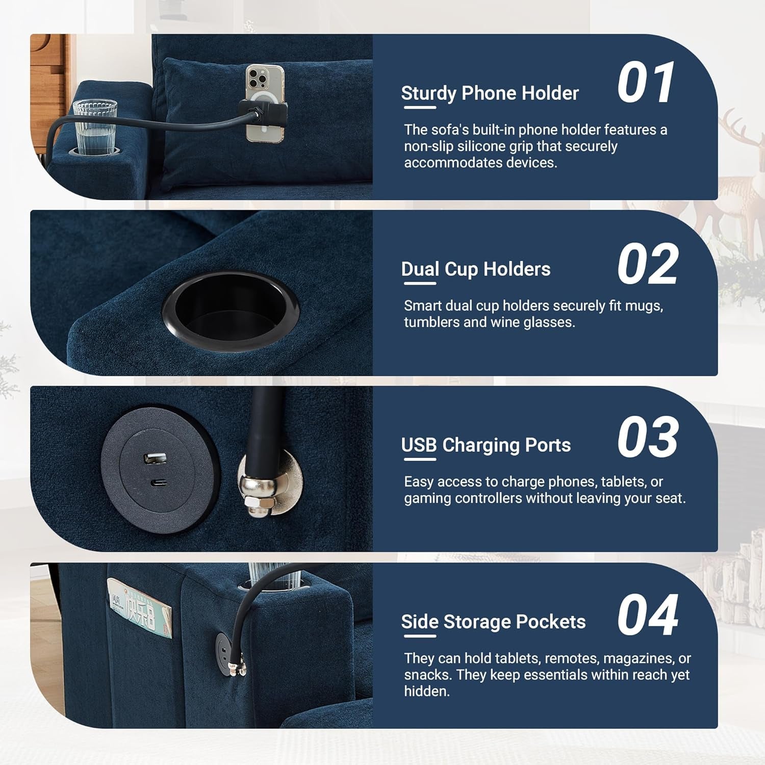 42.5" Chaise Lounge Indoor with a Movable Storage Ottoman, Modern Style Sofa Couch with Dual USB Ports & Cup Holders, a Phone Holder and Side Pockets for Living Room, Blue