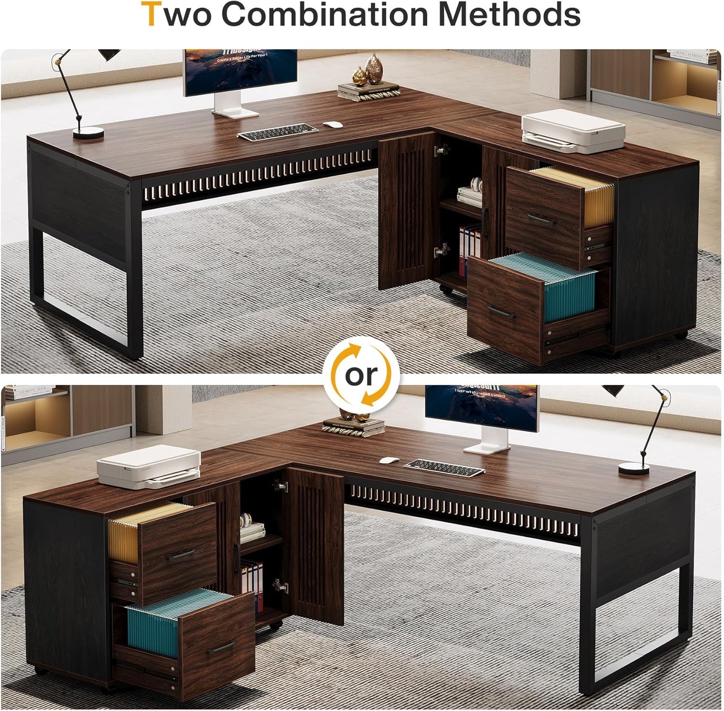 63-Inch L-Shaped Executive Desk with Mobile File Cabinet, Large Office Computer Desk, Business Furniture Table with Drawers and Storage Shelves for Home Office, Dark Walnut & Black