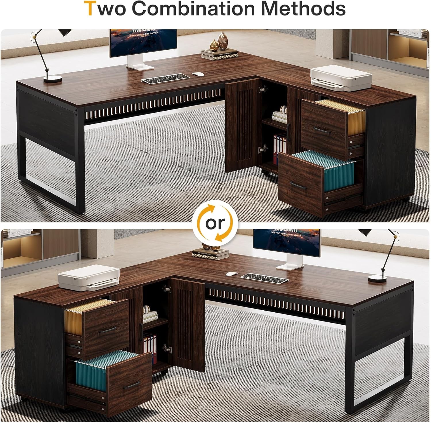 63-Inch L-Shaped Executive Desk with Mobile File Cabinet, Large Office Computer Desk, Business Furniture Table with Drawers and Storage Shelves for Home Office, Dark Walnut & Black