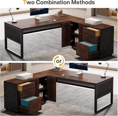 63-Inch L-Shaped Executive Desk with Mobile File Cabinet, Large Office Computer Desk, Business Furniture Table with Drawers and Storage Shelves for Home Office, Dark Walnut & Black