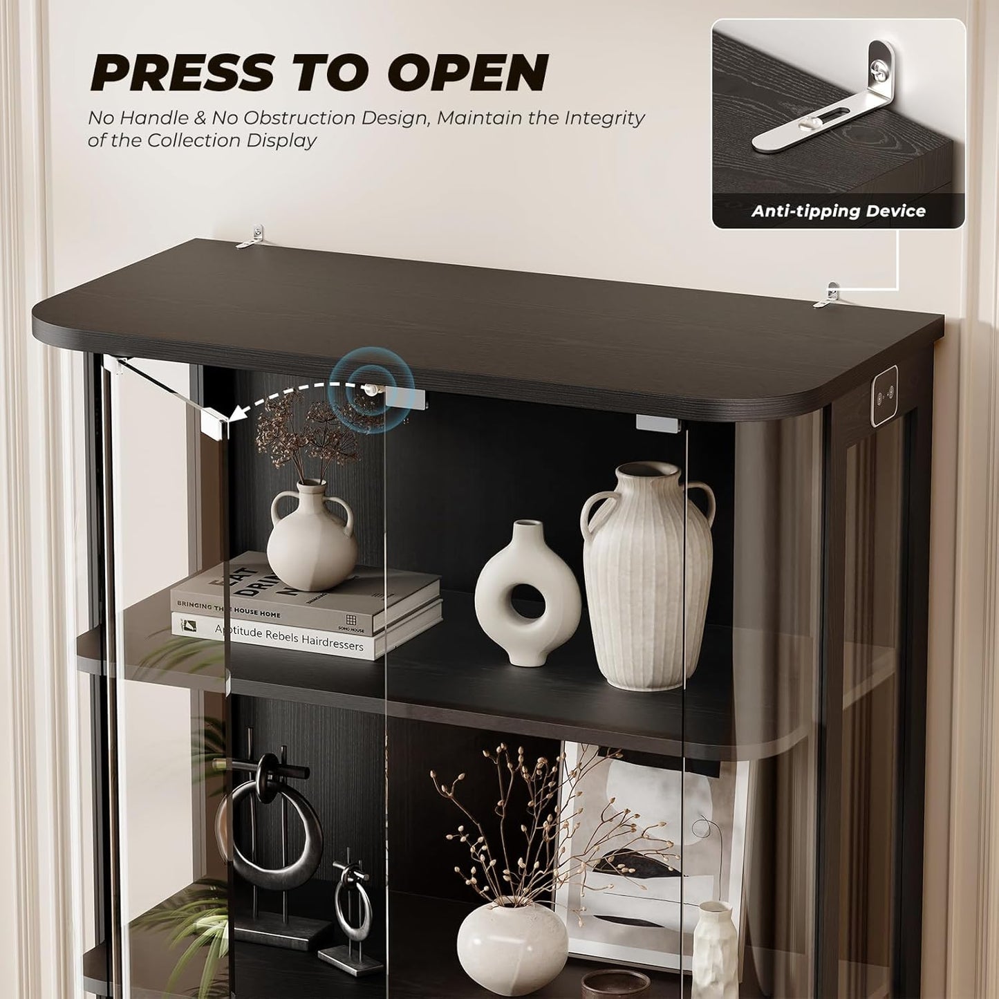 Rounded Display Cabinet with Glass Door, 3-Tier Curio Cabinet with 3 Color Lights for Collectibles, Glass Display Case with Transparent Full-Display Surface, Human Body Sensor, Black