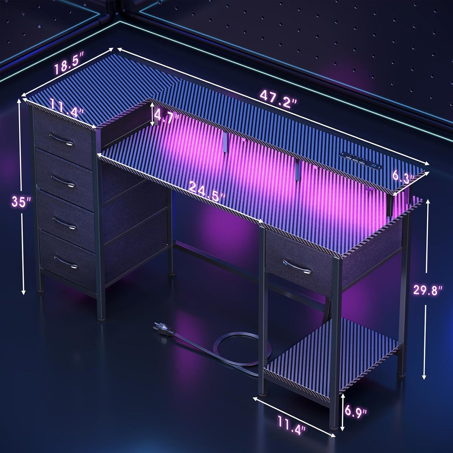 47 Inch Computer Gaming Desk with Power Outlets & LED Lights Reversible Home Office Desk with Adjustable 5 Fabric Storage Drawers for Working Writing Study, Carbon Fiber Black