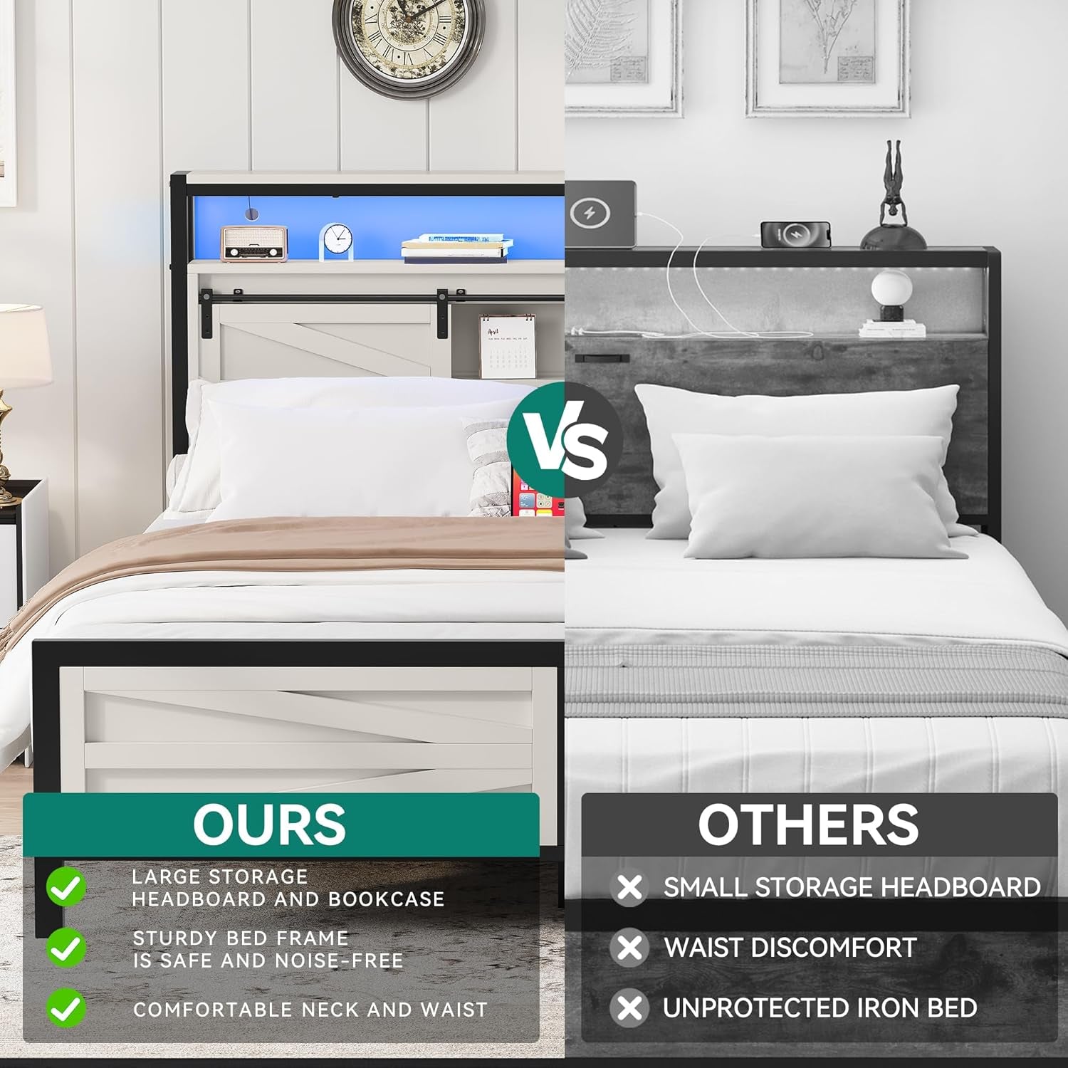 Farmhouse Queen Bed Frame with LED Lights and Charging Station, Platform Bed Frame with Storage Bookcase Headboard, Sliding Barn Door, Solid Metal Slats, No Box Spring Needed (White)