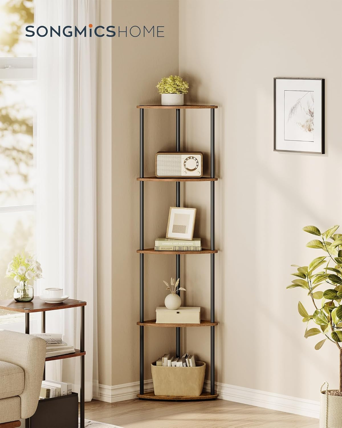 Superfast Toolless Assembly, Corner Shelf Stand, 5-Tier Corner Standing Shelf, Living Room, Bedroom, Kitchen, 15 X 10.6 X 54.7 Inches, Rustic Brown ULBC610K01