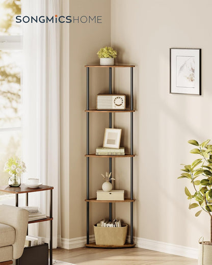 Superfast Toolless Assembly, Corner Shelf Stand, 5-Tier Corner Standing Shelf, Living Room, Bedroom, Kitchen, 15 X 10.6 X 54.7 Inches, Rustic Brown ULBC610K01